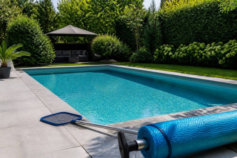 Schoon zwembad in een tuin met onderhoudsmateriaal ernaast