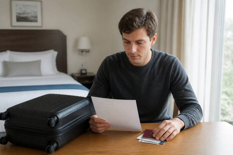 Checklist en reisdocumenten klaarleggen voor vertrek in een lichte hotelkamer
