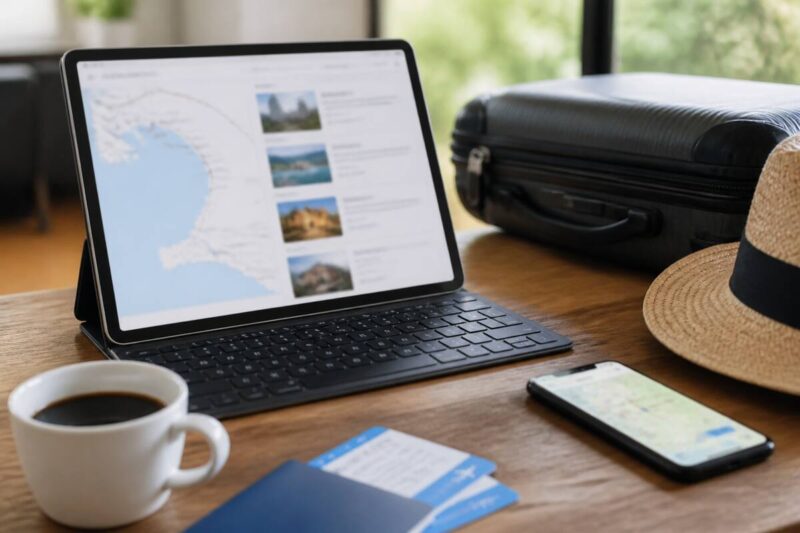 Praktische checklist voor het plannen van een vakantie op een tafel met laptop, smartphone en reisinformatie